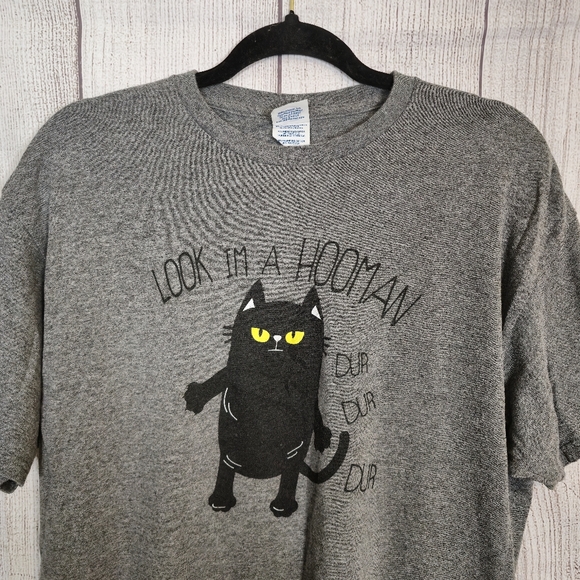Womens, Heather Gray, Graphic T-Shirt "Look Im A Hooman" Cat, Size : Large - Picture 4 of 7